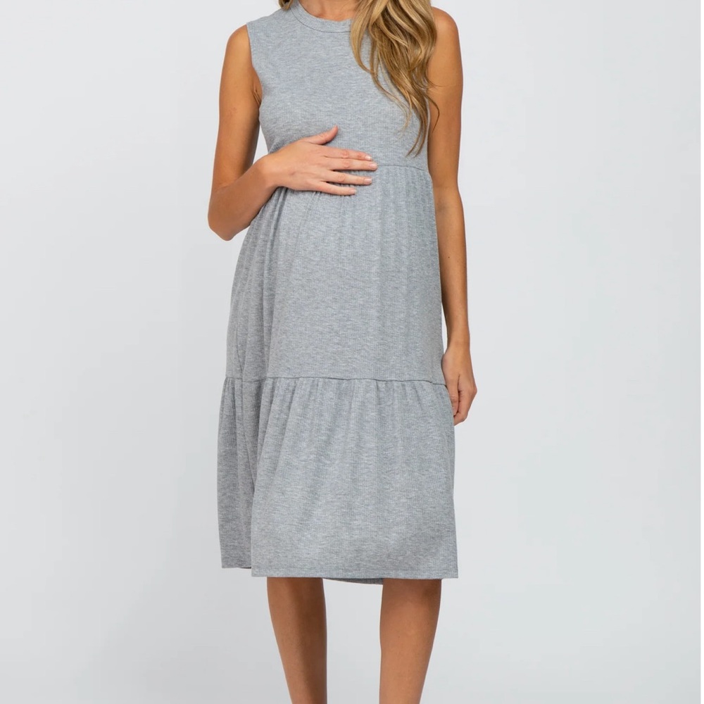 Heather Grey Ribbed Sleeveless Maternity Midi Dress